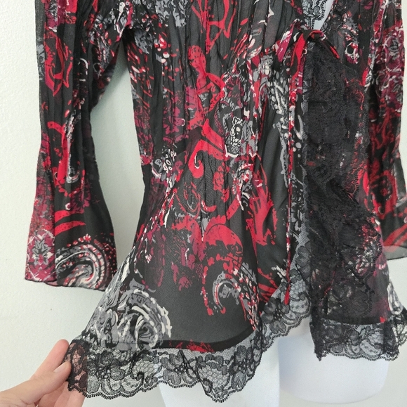 Black Red Sheer Blouse Lace Trim Tie Front Romantic Visual Kei Whimsigoth Large - Picture 4 of 11